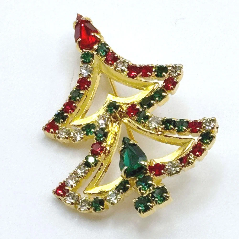 Vintage Christmas Tree Brooch Gold Tone Red Green Clear Rhinestone Holiday Pin